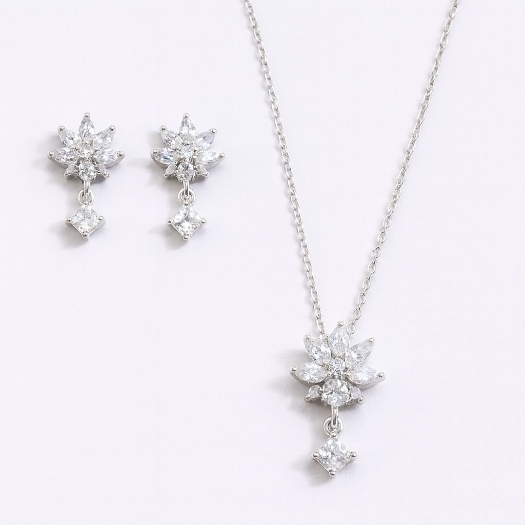 Silver Plated CZ Lotus Flower Necklace and Earring Set with marquise and square cut CZ stones.