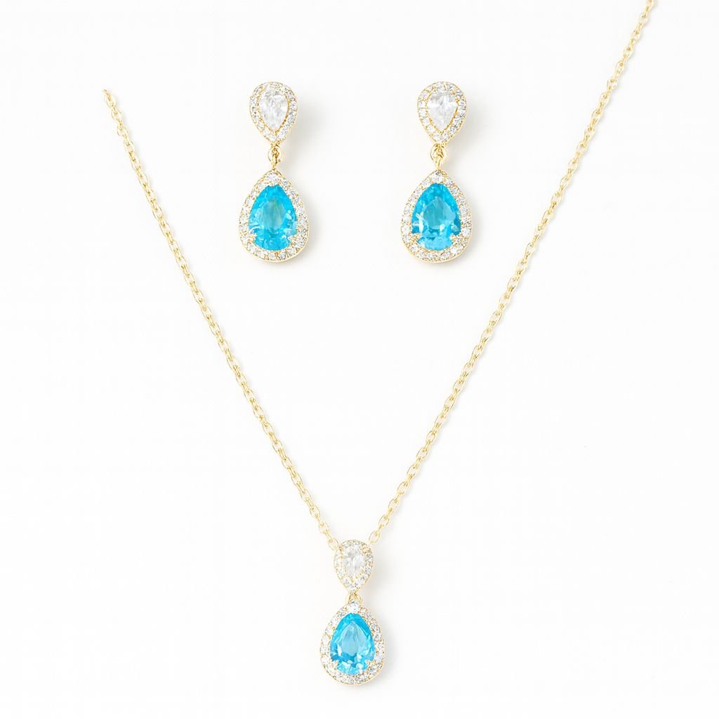 Gold Plated Blue Teardrop Halo Necklace and Earring Set with clear and blue pave-set CZ stones.