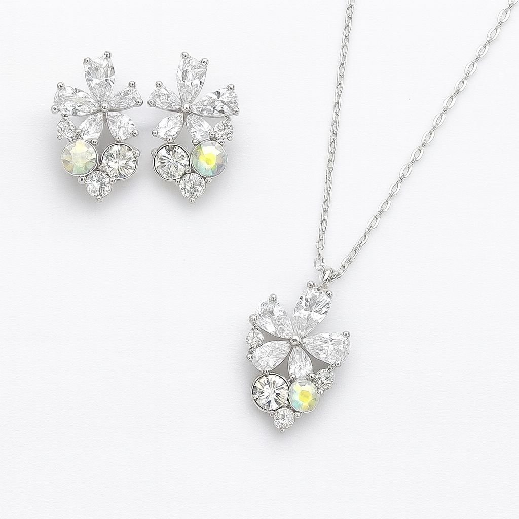 Silver Plated Multistone Floral Cluster Necklace and Earring Set with clear marquise and iridescent round CZ stones.