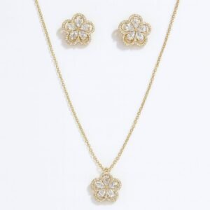 Gold Plated CZ Floral Cluster Necklace and Earring Set with marquise and pave CZ stones in a five-petal flower design.