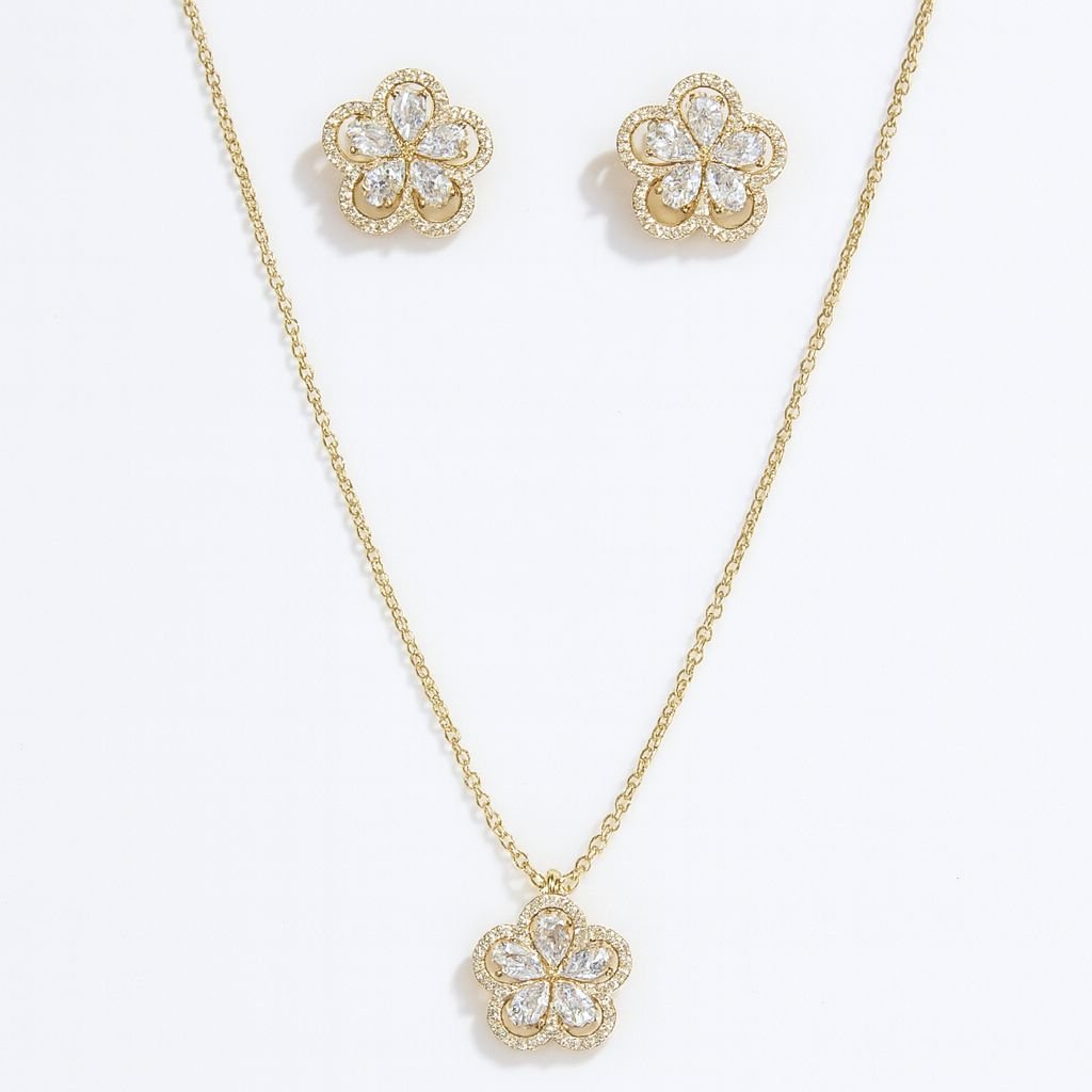 Gold Plated CZ Floral Cluster Necklace and Earring Set with marquise and pave CZ stones in a five-petal flower design.