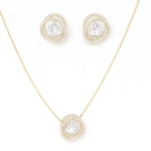 Gold Plated Trillion CZ Halo Necklace and Earring Set with trillion-cut center stone and pave CZ accents.