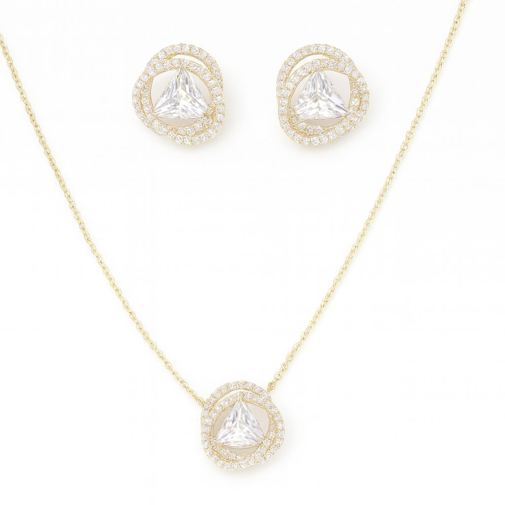 Gold Plated Trillion CZ Halo Necklace and Earring Set with trillion-cut center stone and pave CZ accents. Gold Plated Trillion CZ Halo Necklace and Earring Set with trillion-cut center stone and pave CZ accents.