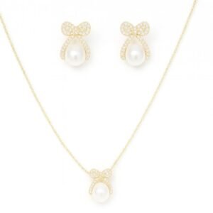 Gold Plated Pearl and Bowknot Necklace and Earring Set with pave CZ stones and teardrop pearls.