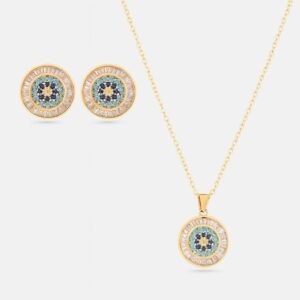 Gold Plated Mandala Necklace and Earring Set Turquoise Blue CZ