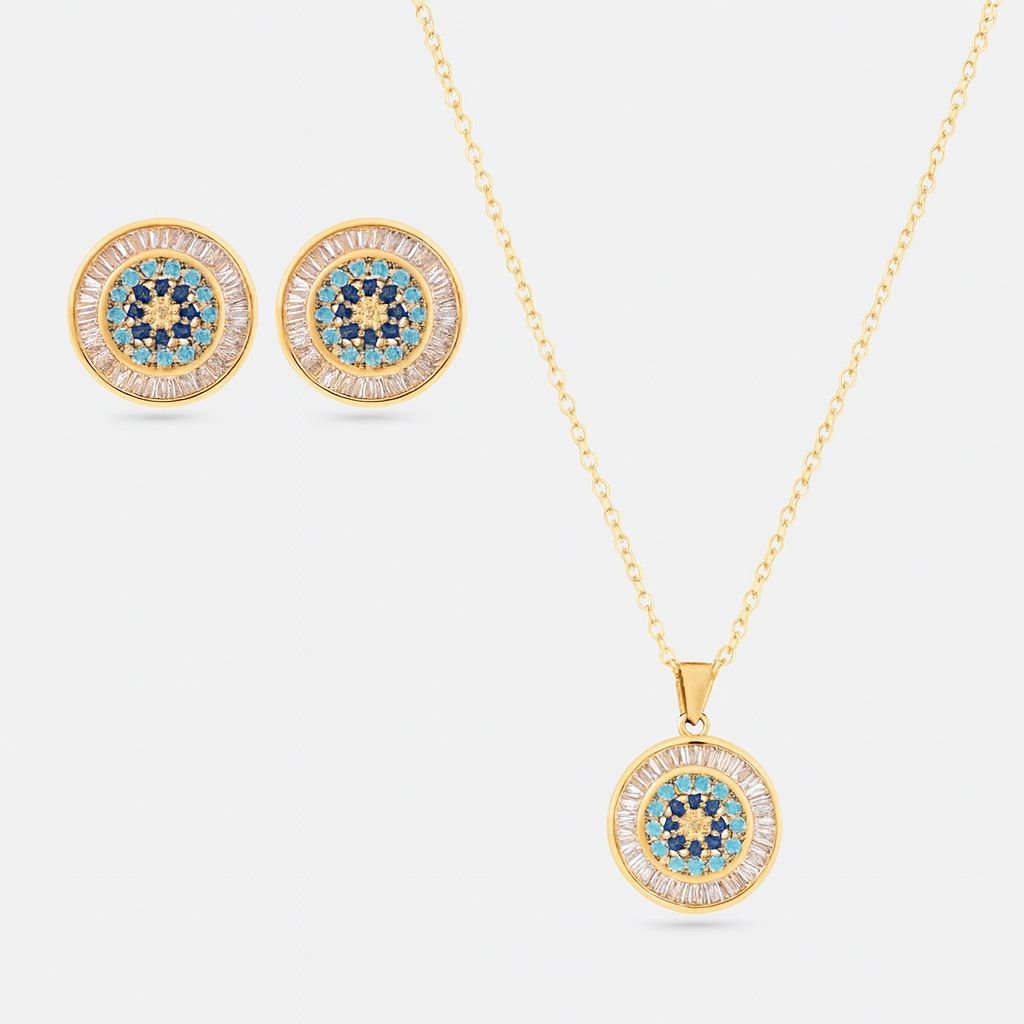 Gold Plated Mandala Necklace and Earring Set Turquoise Blue CZ Gold Plated Mandala Necklace and Earring Set Turquoise Blue CZ