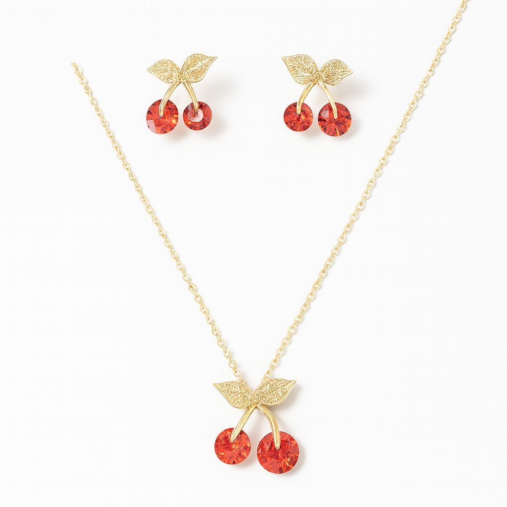 Gold Plated Cherry Necklace and Earrings Set Red Crystal 24 cm