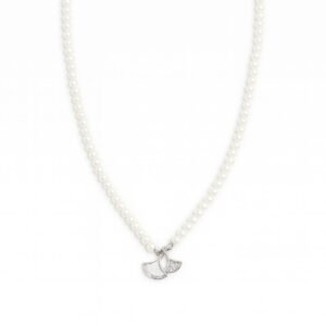 Silver Plated Pearl Beaded Chain Necklace with a cluster of two small, overlapping Ginkgo leaf pendants, one solid white and one pave CZ.
