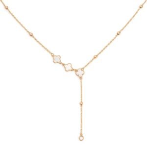 Rose Gold Plated Beaded Chain Lariat Necklace with three Mother of Pearl four-leaf clover motifs and a delicate drop.
