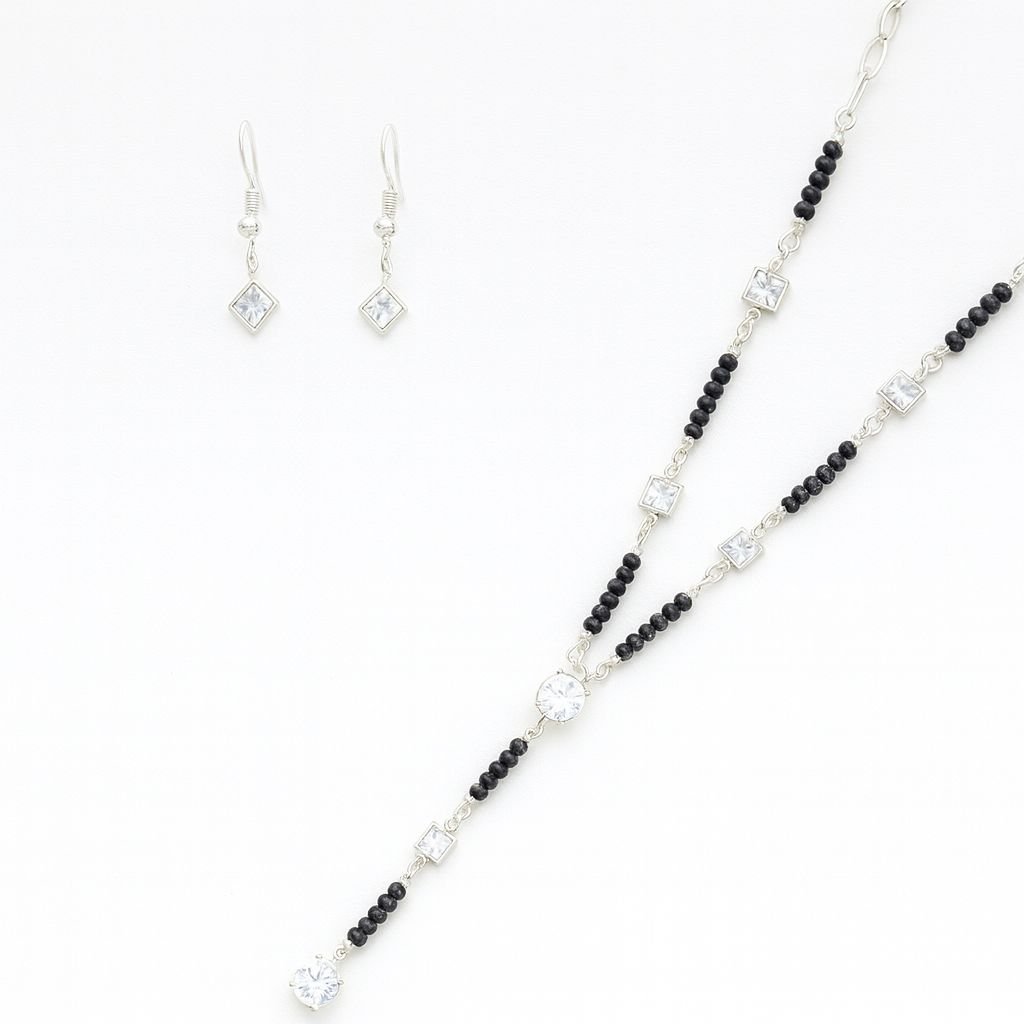 Silver Plated Mangalsutra Set 27 cm Necklace CZ Black Beads