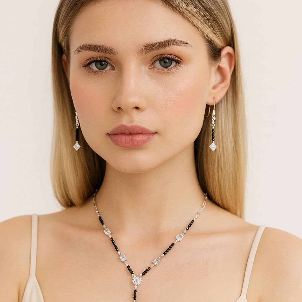 Silver Black Bead Mangalsutra with Earrings Silver Black Bead Mangalsutra with Earrings