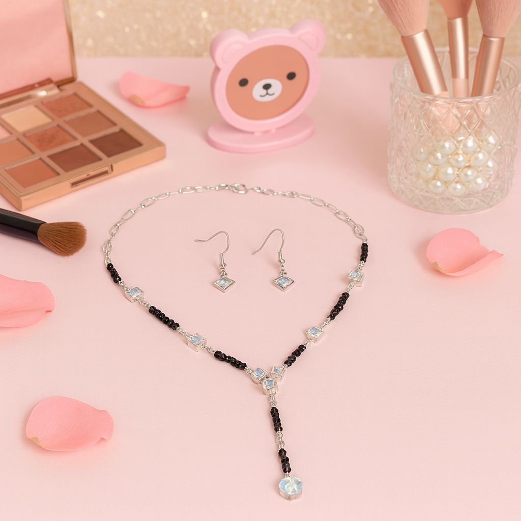 Silver Black Bead Mangalsutra with Earrings Silver Black Bead Mangalsutra with Earrings