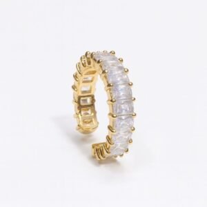 Women's Gold Plated Ring with a wide open cuff set with continuous baguette CZ stones.