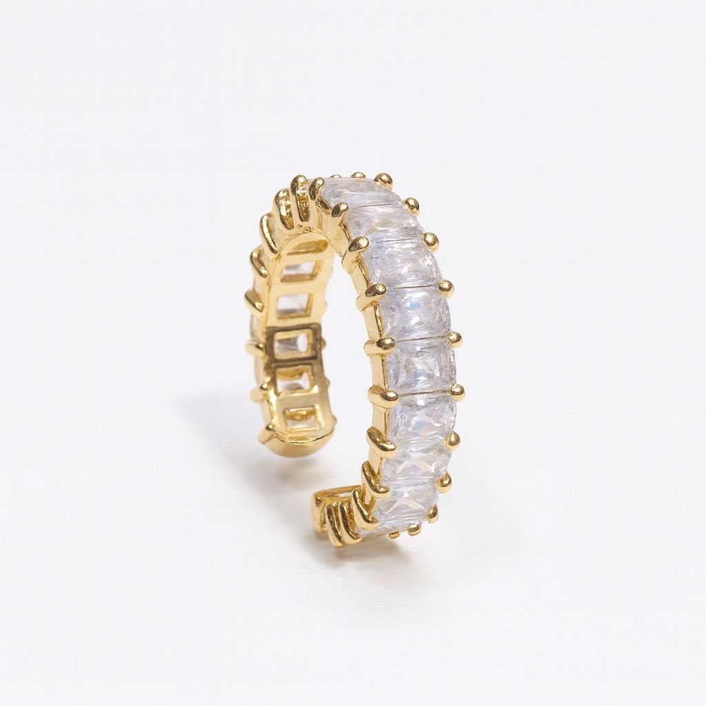 Women's Gold Plated Ring with a wide open cuff set with continuous baguette CZ stones.