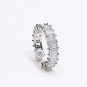Women's Silver Plated Ring with a wide open cuff set with continuous baguette CZ stones.