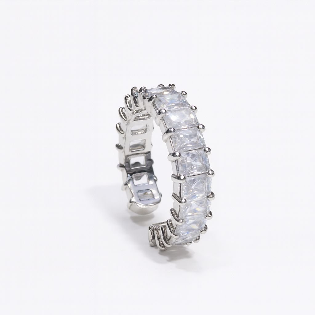 Women's Silver Plated Ring with a wide open cuff set with continuous baguette CZ stones.