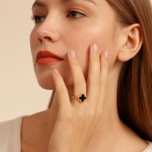 Imported Korean Design Gold Ring With Black Stone – Elegant Women’s Jewellery