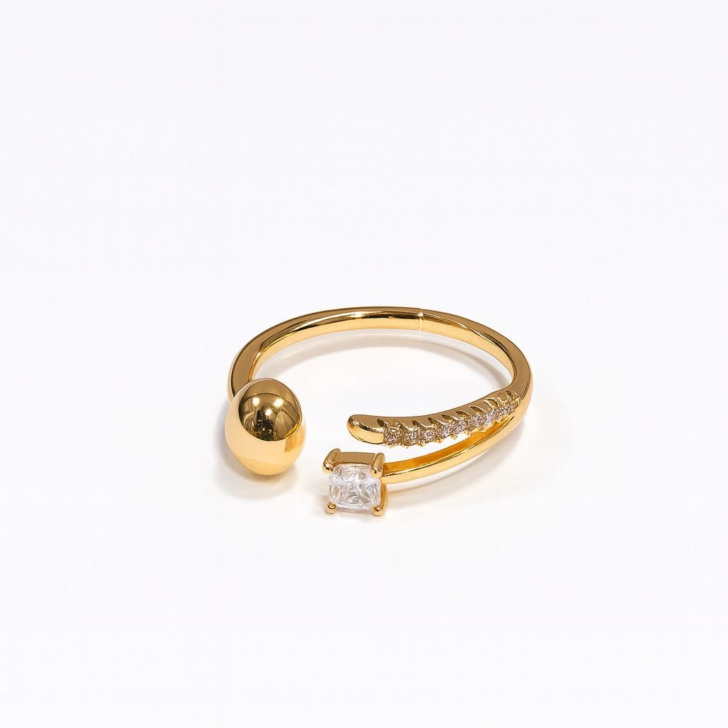 Gold Plated Adjustable Open Ring with CZ Stone