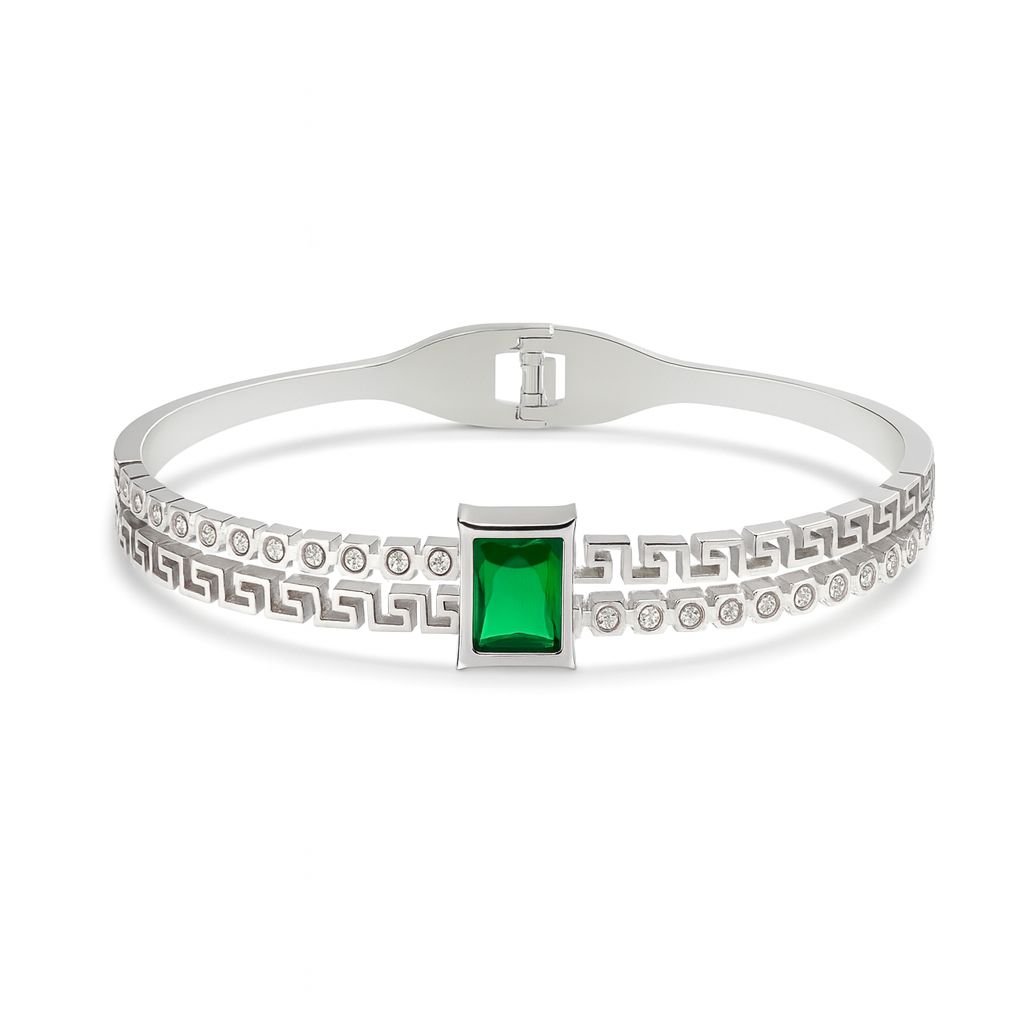 Women's Silver Plated Bangle with a central emerald-cut green CZ stone and Greek Key pattern.