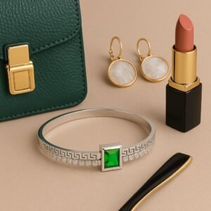 Silver Finish with Green Stone kada