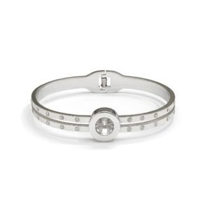 Women's Silver Bangle Bracelet with a secure clasp closure and two rows of CZ stones around a large center stone.