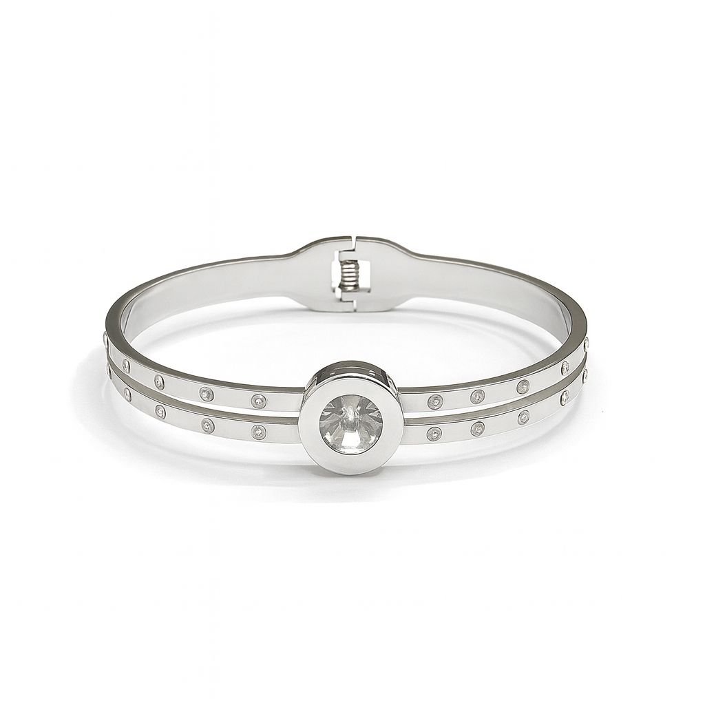 Women's Silver Bangle Bracelet with a secure clasp closure and two rows of CZ stones around a large center stone.