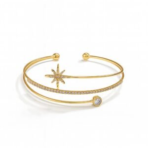 Women's Gold Plated Bangle with a CZ starburst motif and solitaire stone on a double-band cuff.