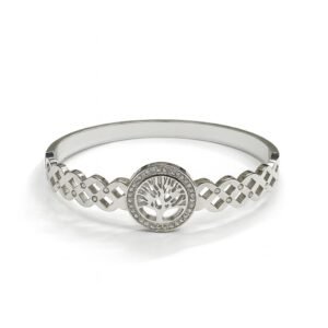 Tree of Life Bangle Bracelet in silver plating with a CZ halo and Celtic-style band.