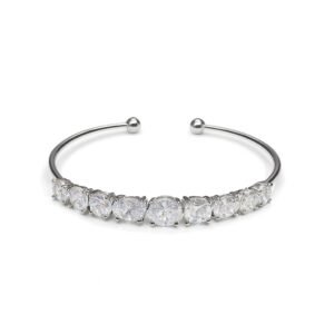 Women's Silver Bangle Bracelet with a center round CZ stone surrounded by mixed round and square cut stones.