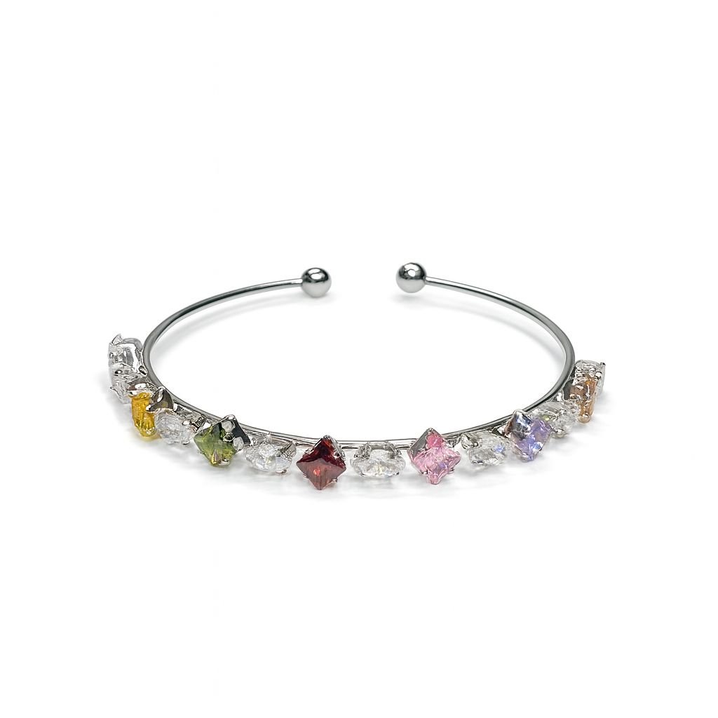 Multi-Color Square Cut Stone Silver Bangle