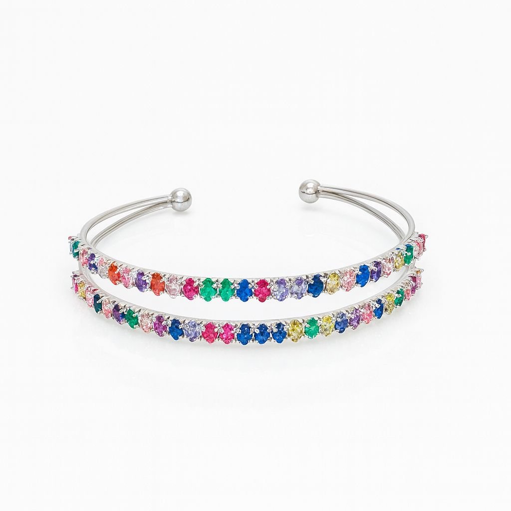 Women's Silver Bangle Bracelet with two parallel rows of multi-color CZ stones.