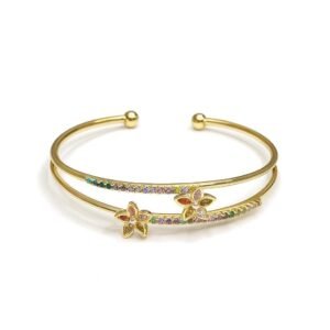 Women's Gold Plated Bangle with a double band and multi-color CZ flower and pave details.