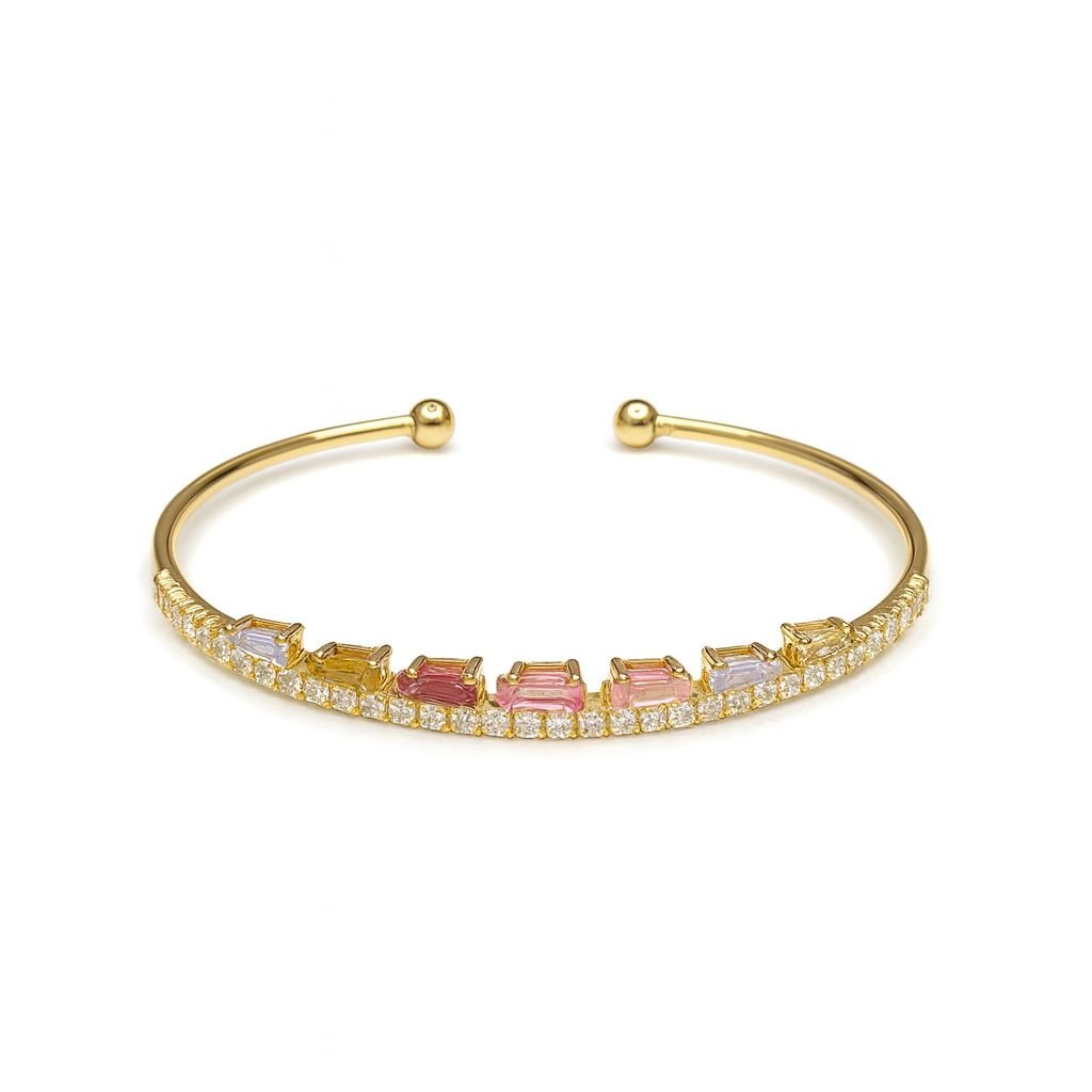 Women's Gold Plated Bangle with multi-color baguette-cut stones and pave detail.