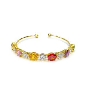 Women's Gold Plated Bangle with a single line of multi-color oval stones.