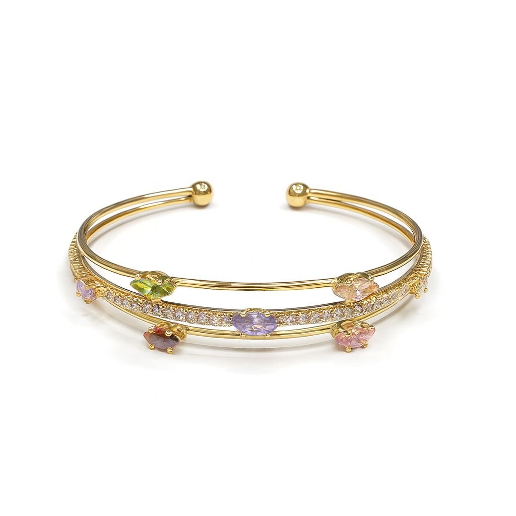 Women's Gold Plated Bangle with double band and multi-color stone accents. Export to Sheets