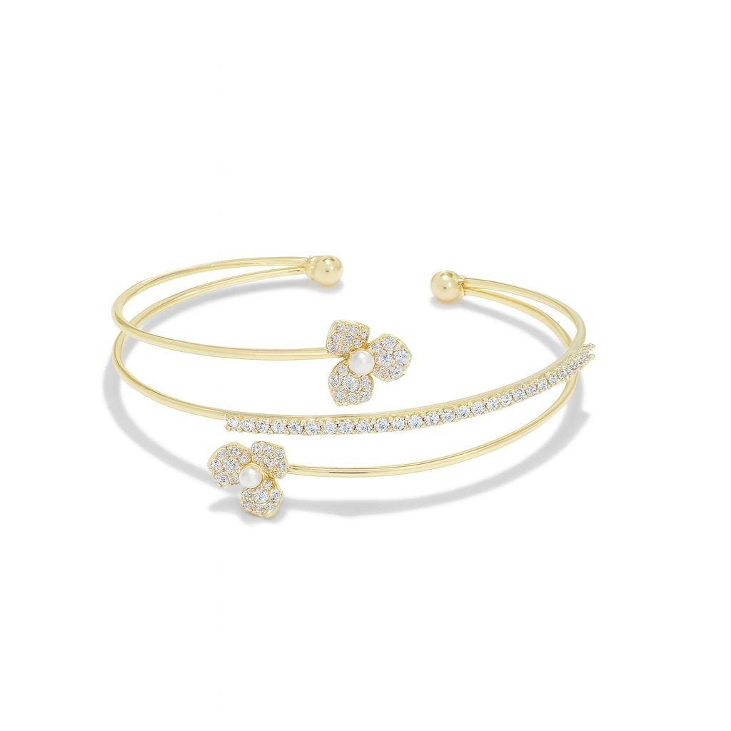 High quality women's gold plated bangle with triple band and Korean flower motif