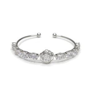 High quality silver toned women's silver bangle bracelet with rose detail